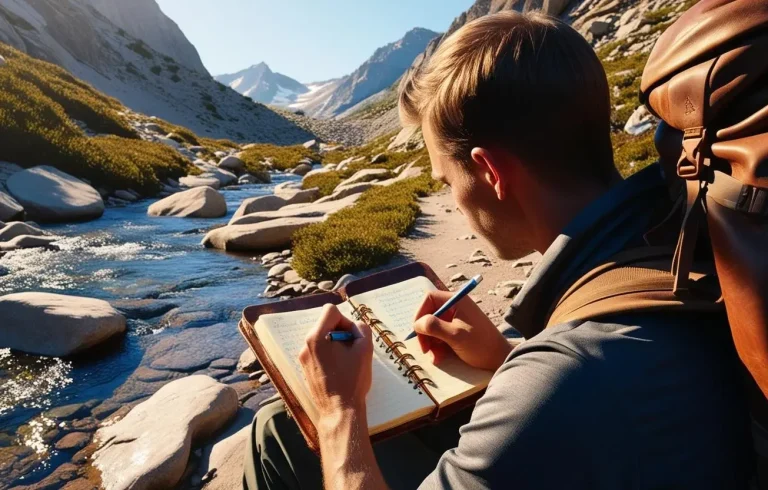 Umfangreiche Berg-Wandertourenplanung Ein Mann sitzt am Fluss und schreibt in ein Notizbuch, umgeben von Bergen.