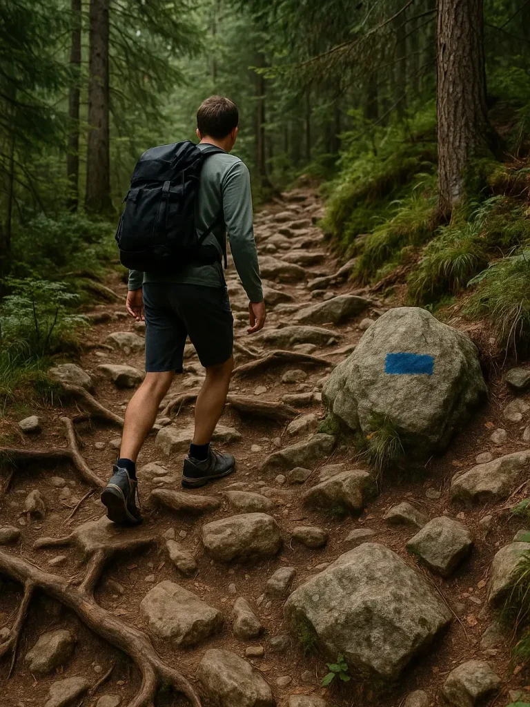 SAC-Wanderskala T2 – Bergwandern mit Trittsicherheit Wanderer auf schmalem Bergweg mit Steinen und Wurzeln – SAC Skala T2