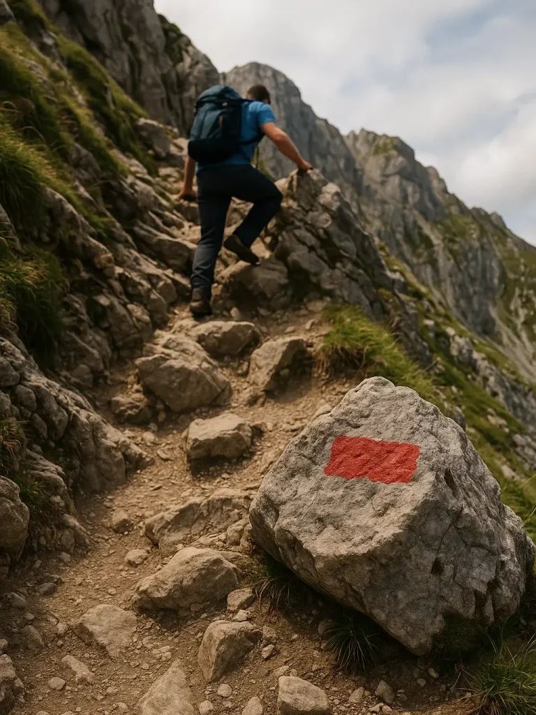 SAC-Wanderskala T3 – anspruchsvolles Bergwandern, schwer Wanderer auf steilem, ausgesetztem Bergpfad mit Sicherungsseil – SAC Skala T3