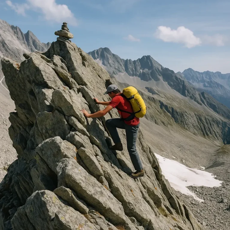 SAC-Wanderskala T6 – extrem schwere Bergtour im Hochgebirge Bergsteiger im hochalpinen Gelände mit Steinmann und Kletterstellen – SAC Skala T6