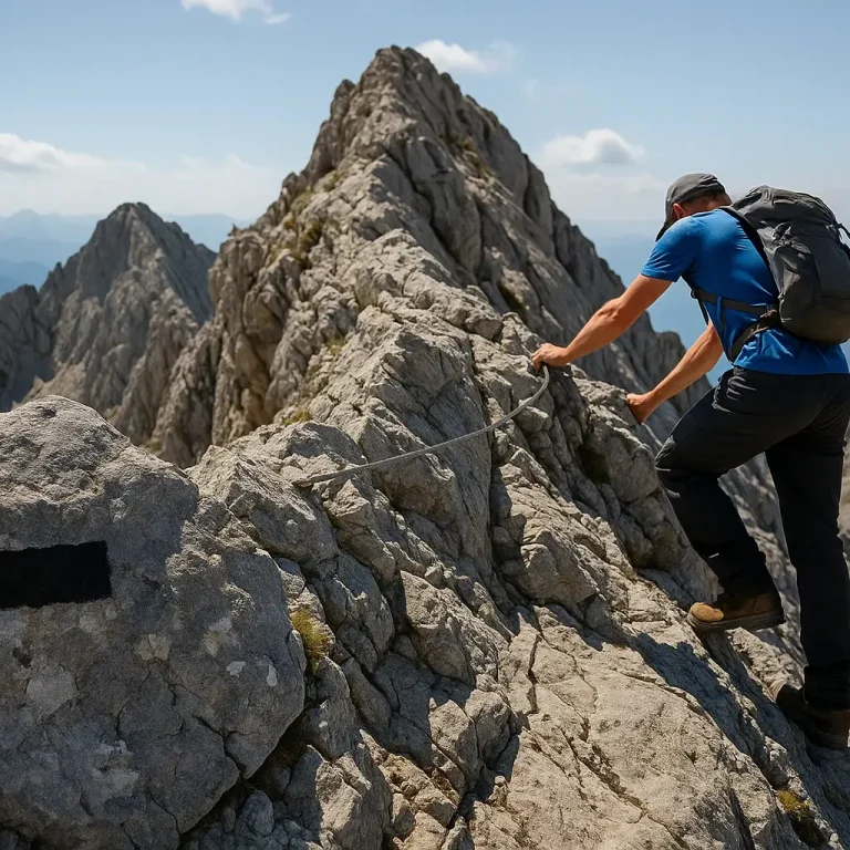 SAC-Wanderskala T4 – schwere Bergtour, Einstieg ins Alpinwandern Bergsteiger im alpinen Gelände mit leichter Kraxelei im Fels – SAC Skala T4