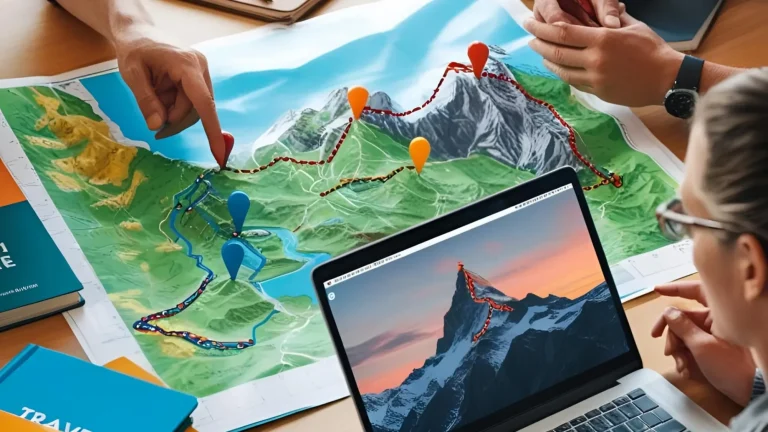 Berg-Wandertourenprüfung Personen planen eine Route auf einer Landkarte neben einem Laptop mit Bergansicht.