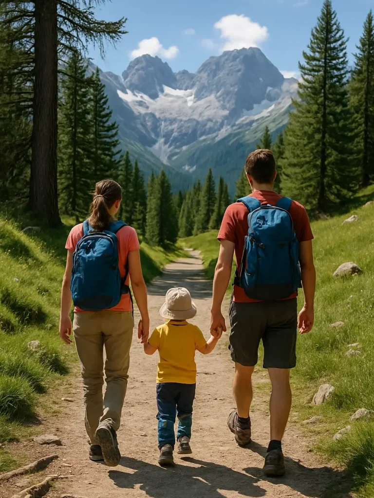 SAC-Wanderskala T1 – leichte Wanderung auf einfachem Weg Familie wandert auf breitem, einfachem Wanderweg in den Alpen – SAC Skala T1