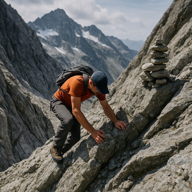 SAC-Wanderskala T5 – sehr schwere Bergtour, anspruchsvolles Alpinwandern Alpinist in weglosen, exponierten Fels- und Geröllpassagen – SAC Skala T5