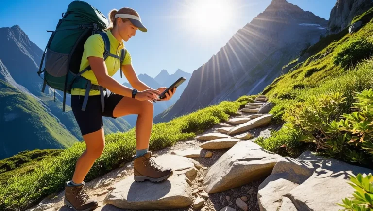 Vermietung GPS-Gerät Wanderer mit Rucksack, der auf einem Pfad auf sein Handy schaut, umgeben von Bergen.