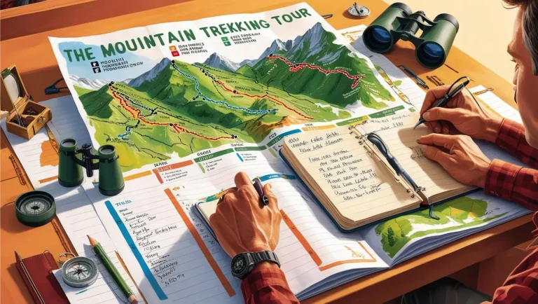 Berg-Wandertourenfinder Eine Person plant eine Wanderung mit Karte, Notizbuch und Ferngläsern auf einem Tisch.